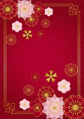 Kırmızı ve altın rengi mutlu Çin Yeni Yıl Festivali afişi arka plan tasarımı. Fener, çiçek, ağaç, sembol ve desenli Çin porseleni kırmızı ve altın arka plan. Kırmızı ve altın kaplama Çin şablonu