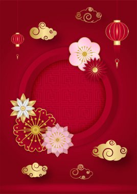 Kırmızı ve altın rengi mutlu Çin Yeni Yıl Festivali afişi arka plan tasarımı. Fener, çiçek, ağaç, sembol ve desenli Çin porseleni kırmızı ve altın arka plan. Kırmızı ve altın kaplama Çin şablonu