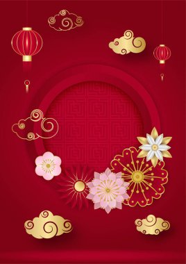 Kırmızı ve altın rengi mutlu Çin Yeni Yıl Festivali afişi arka plan tasarımı. Fener, çiçek, ağaç, sembol ve desenli Çin porseleni kırmızı ve altın arka plan. Kırmızı ve altın kaplama Çin şablonu