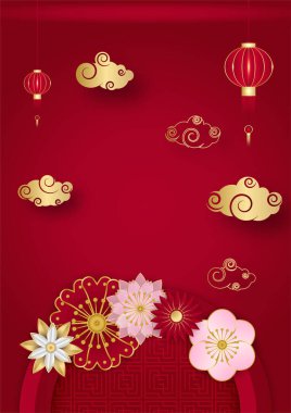 Kırmızı ve altın rengi mutlu Çin Yeni Yıl Festivali afişi arka plan tasarımı. Fener, çiçek, ağaç, sembol ve desenli Çin porseleni kırmızı ve altın arka plan. Kırmızı ve altın kaplama Çin şablonu