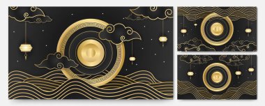 Fener, lamba, sınır, çerçeve, şekil, sembol, bulut, sabit yelpaze ve çiçek ile modern 3D siyah Çin porseleni arka planı.