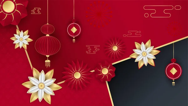 Červené Zlaté Šťastný Čínský Nový Rok Festival Banner Pozadí Design — Stockový vektor