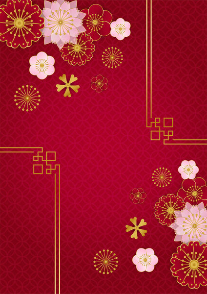 Красно-золотой фоновый дизайн китайского новогоднего баннера. Китайский фарфор красный и золотой фон с фонарем, цветок, дерево, символ и узор. Китайский шаблон из красной и золотой бумаги