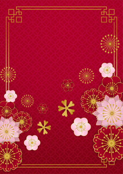 Красно-золотой фоновый дизайн китайского новогоднего баннера. Китайский фарфор красный и золотой фон с фонарем, цветок, дерево, символ и узор. Китайский шаблон из красной и золотой бумаги