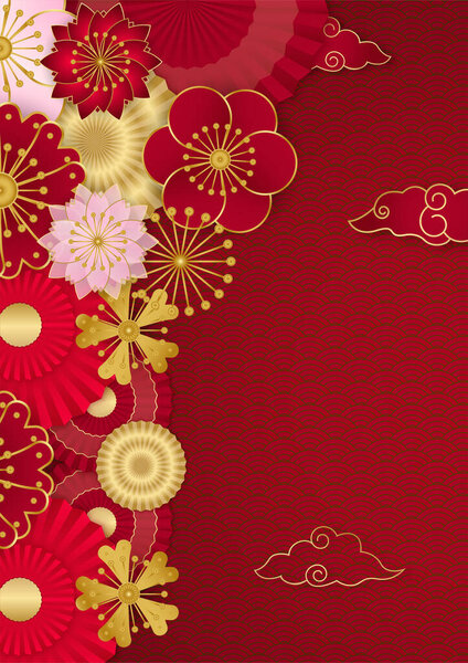 Red and gold happy chinese new year festival banner background design. Chinese china red and gold background with lantern, flower, tree, symbol, and pattern. Red and gold papercut chinese template