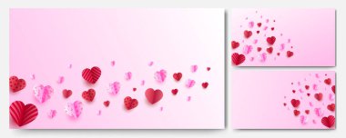 Sevgililer Günü aşk afişi. Hoş Kırmızı Pembe Kağıt Biçimli tasarım arka planı. Özel günler için tasarım, kadınlar günü, doğum günü, anneler günü, babalar günü, Noel.