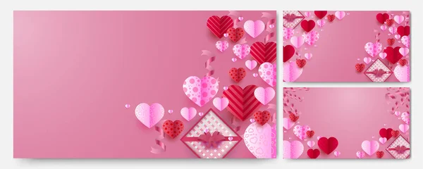 Gelukkige Valentijnsdag Red Pink Papercut Stijl Ontwerp Achtergrond — Stockvector