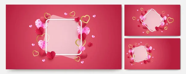 Valentijnsdag Liefde Hart Banner Achtergrond Valentijnsdag Frame Schattig Pink Papercut — Stockvector