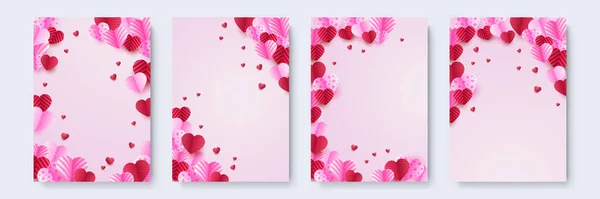 情人节的概念海报集 矢量图解 3D红色和粉色纸心与几何背景的框架 可爱的爱情销售横幅或贺卡 — 图库矢量图片