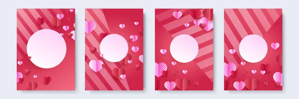 情人节的概念海报集 矢量图解 3D红色和粉色纸心与几何背景的框架 可爱的爱情销售横幅或贺卡 — 图库矢量图片