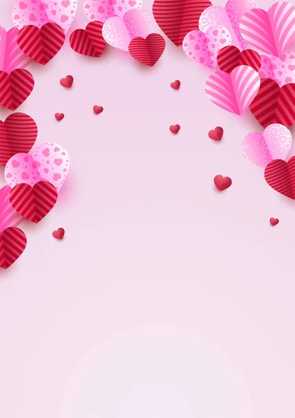 情人节概念海报背景 矢量图解 3D红色和粉色纸心与几何背景的框架 可爱的爱情销售横幅或贺卡 — 图库矢量图片