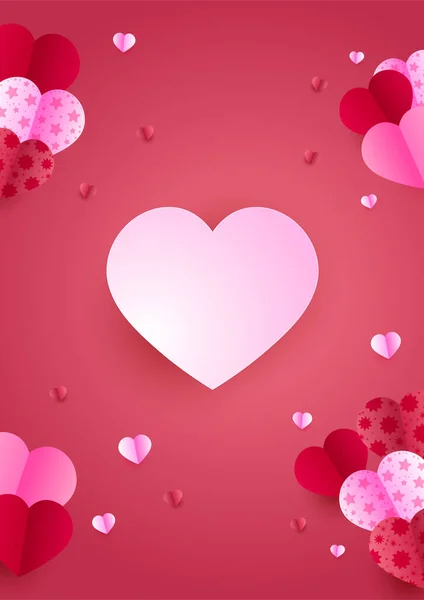 バレンタインデーのコンセプトポスターの背景 ベクトルイラスト 幾何学的な背景にフレームを持つ3次元の赤とピンクの紙の心 かわいい愛販売バナーやグリーティングカード — ストックベクタ