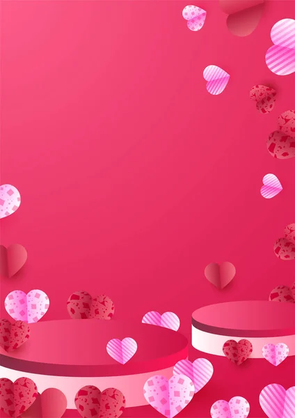 Podium Valentine Ημέρα Pink Papercut Στυλ Αγάπη Κάρτα Σχεδιασμό Φόντο — Διανυσματικό Αρχείο