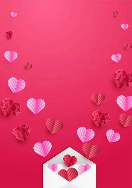 Krásná Obálka Červená Růžová Papercut Styl Láska Karta Design Pozadí — Stockový vektor