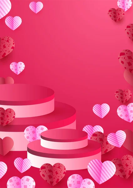 Podium Valentine Day Pink Papercut Style Love Card Design Background — Archivo Imágenes Vectoriales