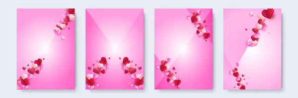 Valentijnsdag Concept Posters Set Vector Illustratie Rood Roze Papieren Hartjes — Stockvector