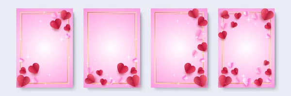 Valentin Napi Plakátok Beállítva Vektor Illusztráció Piros Rózsaszín Papír Szív — Stock Vector