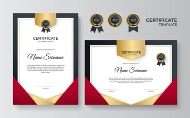 Modern çalışan kırmızı siyah altın sertifika tasarımı şablonu