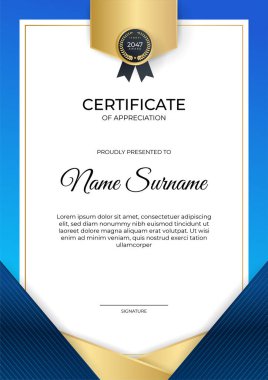 Modern çalışan mavi altın sertifika tasarımı şablonu