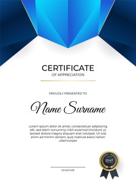 Modern çalışan mavi altın sertifika tasarımı şablonu