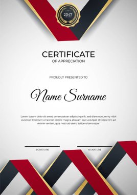 Modern çalışan kırmızı siyah altın sertifika tasarımı şablonu