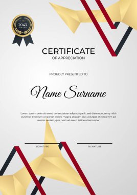 Modern çalışan kırmızı siyah altın sertifika tasarımı şablonu