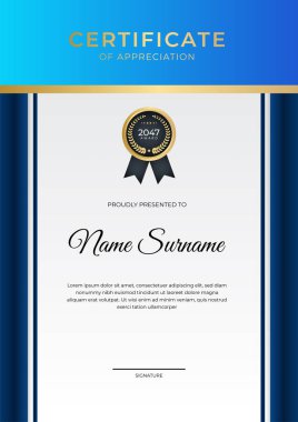 Modern çalışan mavi altın sertifika tasarımı şablonu