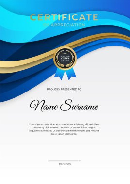 Modern gradyan mavi altın sertifika tasarımı şablonu