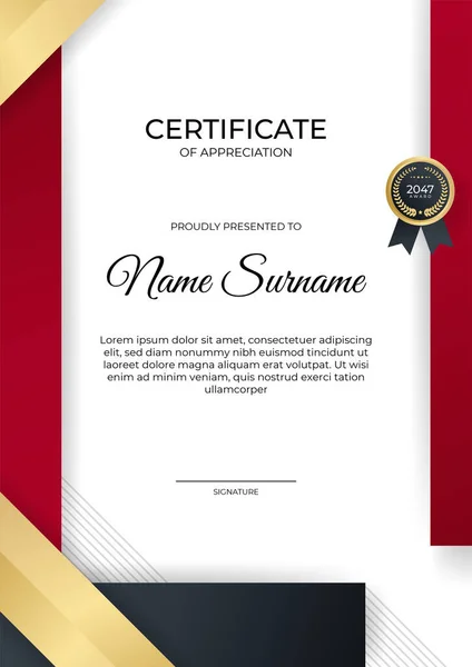 Moderno Gradiente Rosso Oro Nero Certificato Progettazione Template — Vettoriale Stock