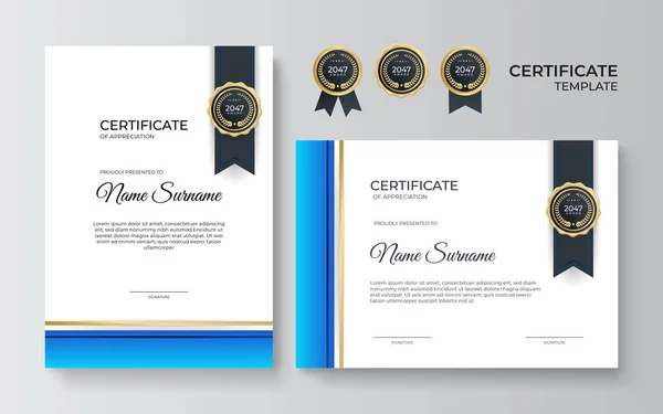 Moderne Flache Blaue Gold Zertifikat Design Vorlage — Stockvektor