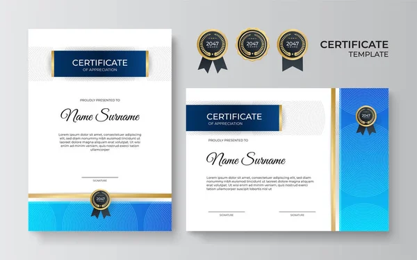 Modernes Gefälle Blaues Gold Zertifikat Design Vorlage — Stockvektor