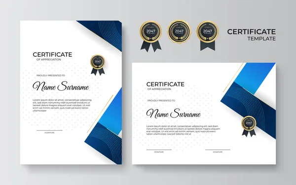 Moderní Gradient Modro Zlatý Certifikát Design Šablony — Stockový vektor