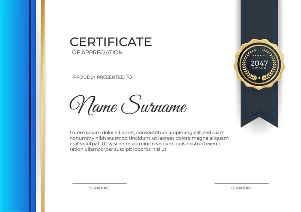 Plantilla Diseño Certificado Oro Azul Plano Moderno — Vector de stock