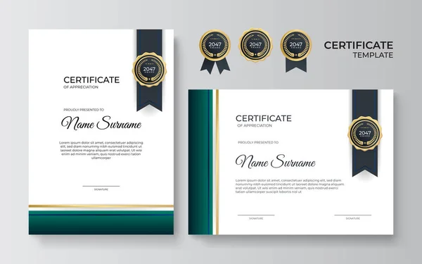 Plantilla Diseño Certificado Oro Verde Azul Plano Moderno — Vector de stock