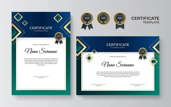 Moderne Gradienten Blau Grünes Gold Zertifikat Design Vorlage — Stockvektor
