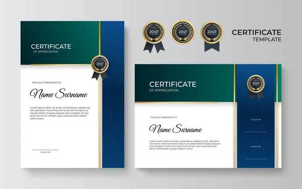 Szakmai Blue Green Gold Certificate Design Sablon — Stock Vector