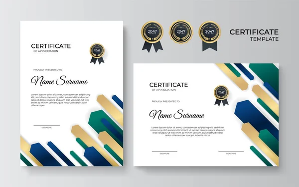 Moderno Gradiente Azul Verde Ouro Certificado Modelo Design — Vetor de Stock