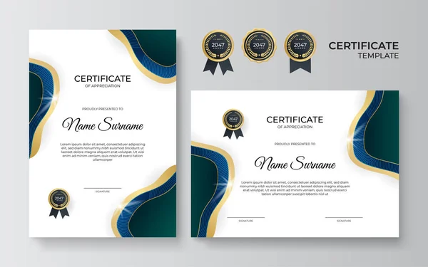 Elegante Gradiente Azul Verde Ouro Certificado Modelo Design — Vetor de Stock