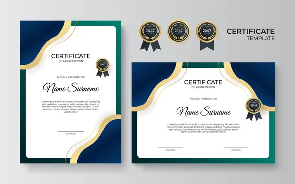 Elegante Gradiente Azul Verde Ouro Certificado Modelo Design —  Vetores de Stock