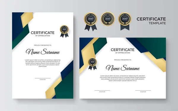 Elegante Gradiente Azul Verde Ouro Certificado Modelo Design —  Vetores de Stock