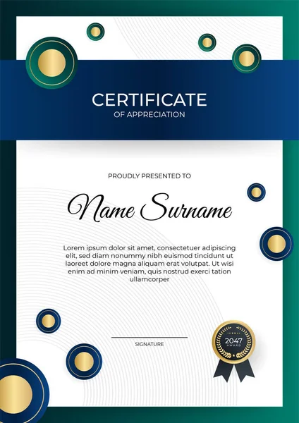 Diseño Moderno Del Certificado Oro Verde Azul Degradado Plantilla — Vector de stock