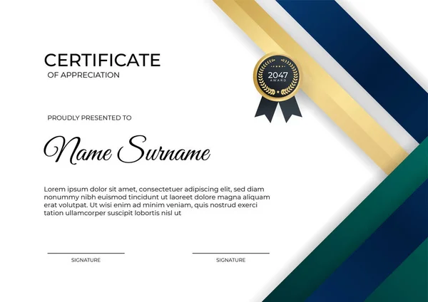 Современный Градиент Bblue Green Gold Certificate Design Template — стоковый вектор