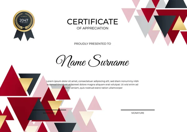 Moderno Gradiente Rosso Oro Nero Certificato Progettazione Template — Vettoriale Stock