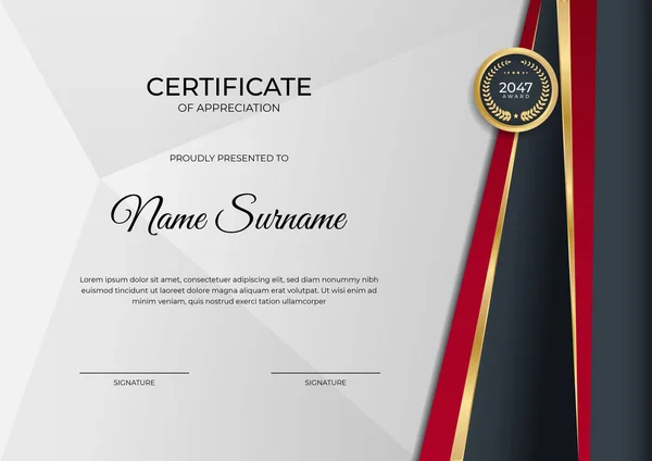 Profesionální Červené Černé Zlato Design Certifikátu Šablony — Stockový vektor