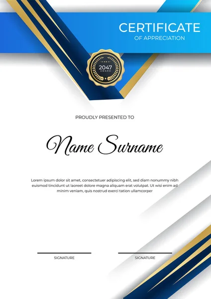 Modern Gradient Blue Gold Certificate Design Template — Stock Vector