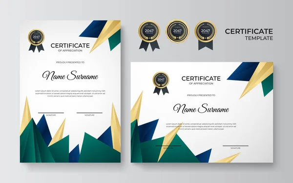 Moderno Gradiente Azul Verde Ouro Certificado Modelo Design — Vetor de Stock