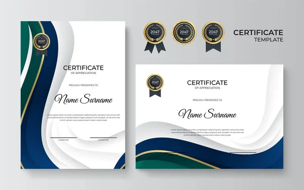 Moderno Gradiente Azul Verde Ouro Certificado Modelo Design — Vetor de Stock