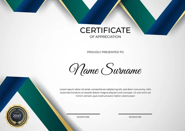 Plantilla Diseño Certificado Oro Verde Azul Empleado Moderno — Vector de stock