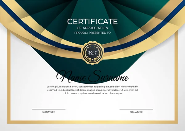 Moderno Gradiente Azul Verde Ouro Certificado Modelo Design — Vetor de Stock
