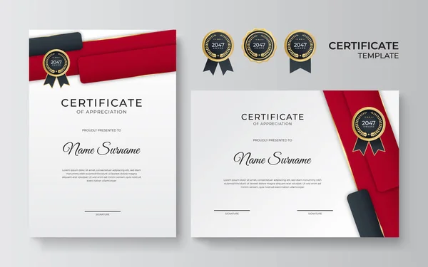 Plantilla Diseño Certificado Oro Negro Rojo Plano Moderno — Vector de stock